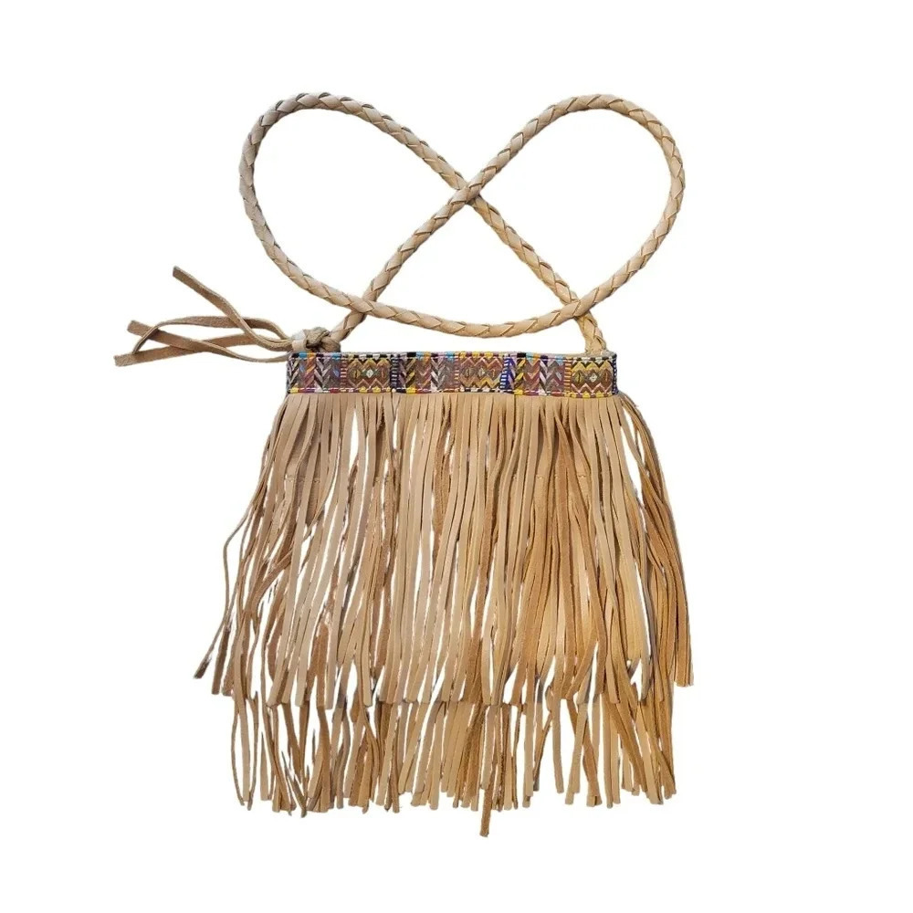 Arloom Leather Fringe Crossbody Bag Braided Strap Boho Western Festival Coastal